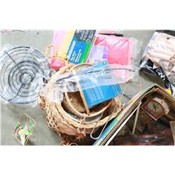 LOT OF BANANA BUCKET WICKER BUCKETS AND NEW TABLE CLOTHS