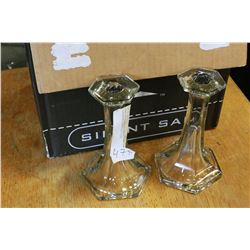 BOX OF VINTAGE BOOKS AND TWO CRYSTAL CANDLESTICKS
