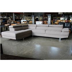 BRAND NEW MODERN 2 PIECE SECTIONAL SOFA IN GREY FABRIC, WITH ADJUSTABLE HEAD REST, RETAIL $2499
