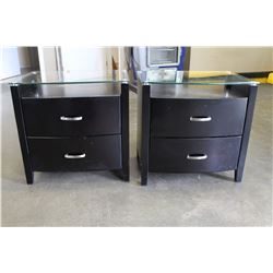 PAIR OF BRAND NEW MODERN GLASS TOP ESPRESSO NIGHTSTANDS, SOLID WOOD, RETAIL $349 ea.