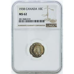 1938 Canada 10 Cent Coin NGC MS62