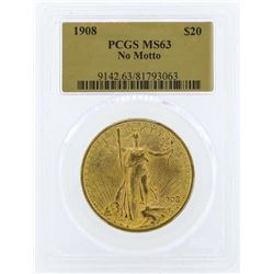 1908 No Motto $20 St. Gaudens Double Eagle Gold Coin PCGS MS63