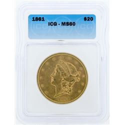 1861 $20 Liberty Head Double Eagle Gold Coin ICG MS60