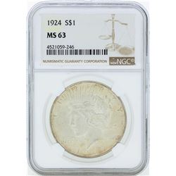 1924 $1 Peace Silver Dollar Coin NGC MS63