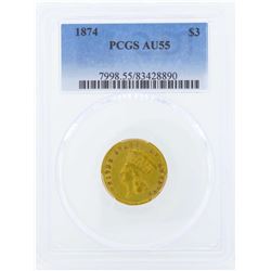 1874 $3 Indian Princess Head Gold Coin PCGS AU55