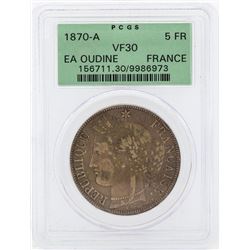 1870-A 5 Francs Silver Coin PCGS VF30