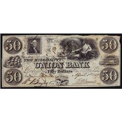 1839 $50 The Mississippi Union Bank Obsolete Note