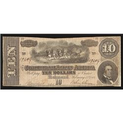 1864 $10 The Confederate States of America Note