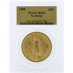 1908 No Motto $20 St. Gaudens Double Eagle Gold Coin PCGS MS63