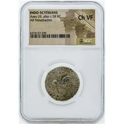 58 BC Indo Scythians Azes I/II AR Tetradrachm Coin NGC Ch VF