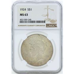 1924 $1 Peace Silver Dollar Coin NGC MS63