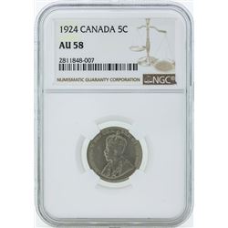 1924 Canada 5 Cent Coin NGC AU58