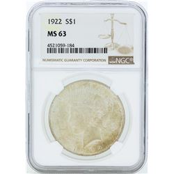 1922 $1 Peace Silver Dollar Coin NGC MS63