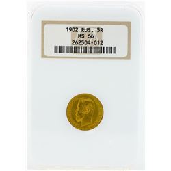 1902 Russia 5 Roubles Gold Coin NGC MS66