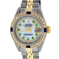 Rolex Ladies Two Tone 14KT Yellow Gold 0.70ctw Sapphire, Emerald, and Diamond Da