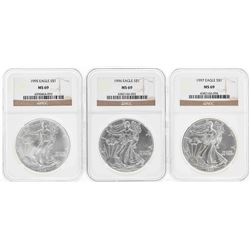 Set of 1995-1997 $1 American Silver Eagle Coins NGC MS69