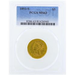 1893-S $5 Liberty Head Half Eagle Gold Coin PCGS MS63