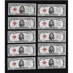 Lot of (10) Consecutive 1928C $5 Red Seal Legal Tender Notes