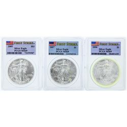 Lot of (3) 2005-2007 $1 American Silver Eagle Coins PCGS MS69