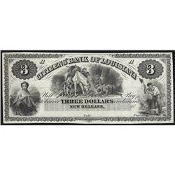 1800's $3 The Citizens Bank of Louisiana New Orleans Obsolete Note