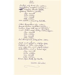 Weöres Sándor [1913-1989] költo, író, mufordító "Dal" címu versének saját kezu, tintával írt, alá…