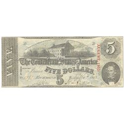 1863 $5 The Confederate States of America Note T-60 CC