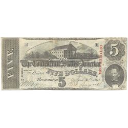 1863 $5 The Confederate States of America Note T-60 CC