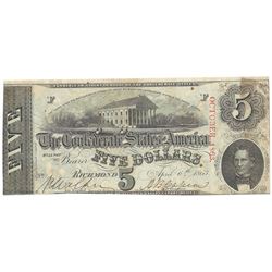 1863 $5 The Confederate States of America Note T-60 CC