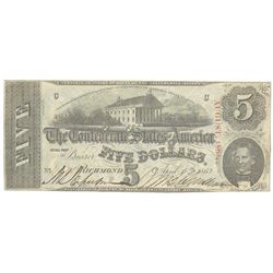 1863 $5 The Confederate States of America Note T-60 CC