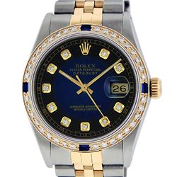 Rolex Mens 2T Blue Vignette Diamond And Sapphire Datejust Wristwatch