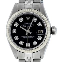 Rolex Ladies Stainless Steel Black Diamond And White Gold Datejust Wristwatch