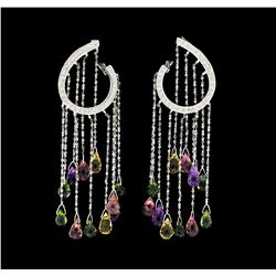 5.00 ctw Multi-Color Gemstone Briolette and Diamond Earrings - 18KT White Gold