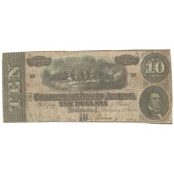 1864 $10 The Confederate States of America Note T-68 CC