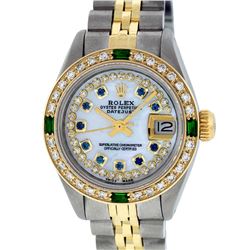 Rolex Ladies 2T MOP Sapphire String Diamond And Emerald Datejust Wristwatch