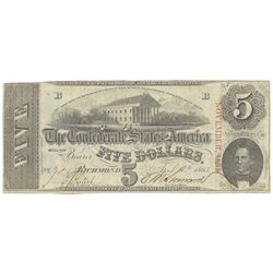 1863 $5 The Confederate States of America Note T-60 CC