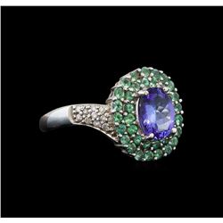 14KT White Gold 1.53 ctw Tanzanite, Emerald and Diamond Ring