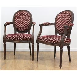 Pair Louis XVI Style Upholstered Walnut Armchairs