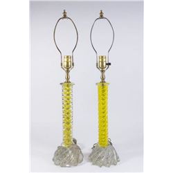 :Pair Yellow to Clear Murano Glass Lamps