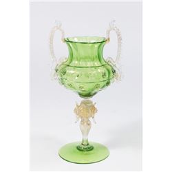 Venetian Gilt Green Glass 2-Handled Coupe