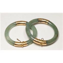 Pair Jade Bracelets with 14K Gold Applique