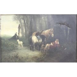 Hunt Scene Man Resting with Dogs