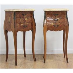 Pair French 2-Drawer Marble Top Commodes