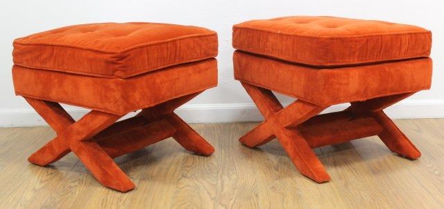 Pair 70s American Orange Velvet X Bench