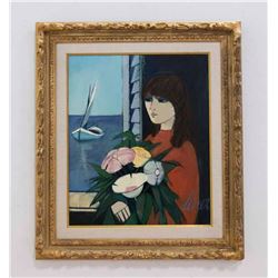 Charles Levier, "Femme Aux Fleurs" Oil on Canvas
