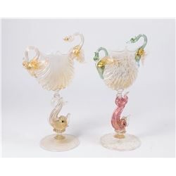 2 Venetian Gilt Pink & Opaline Glass Card Holders