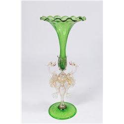 Venetian Gilt Green & Clear Glass Trumpet Vase