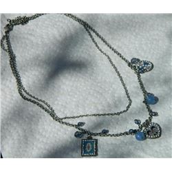 VINTAGE NECKLACE - BLUE BEADS  - HEART, SQUARE AND OVAL PENDANTS ACCENTED WITH RHINESTONES