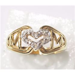 RING - JUST FOR ..."MOM" - 8 DIAMONDS IN 18K WHITE GOLD HEART SETTING MOUNTED ON 18K YELLOW GOLD RIN