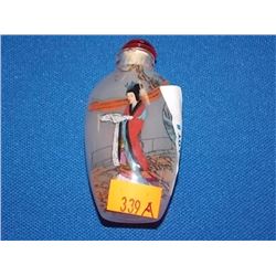 SNUFF BOTTLE - HAND PAINTED - WITH LID - LADY WITH RED & BLUE DRESS