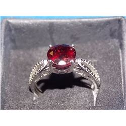 RING - 2.5CTW ROUND FACETED GARNET & 2 DIAMONDS IN STERLING SILVER SETTING - INCLUDES CERTIFICATE $4